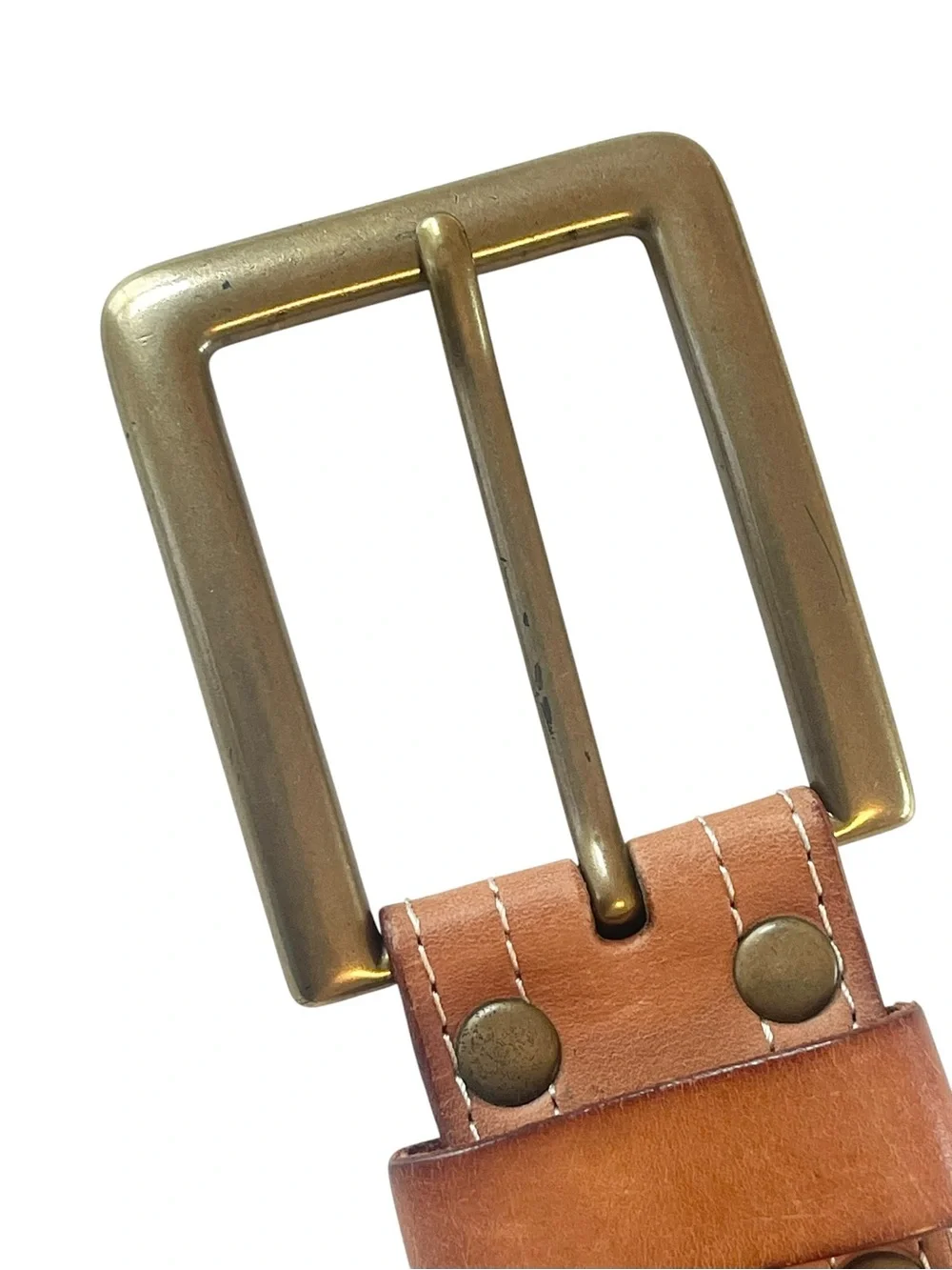 Wide Brown Leather Belt with Square Brass Buckle 90s Size S/M